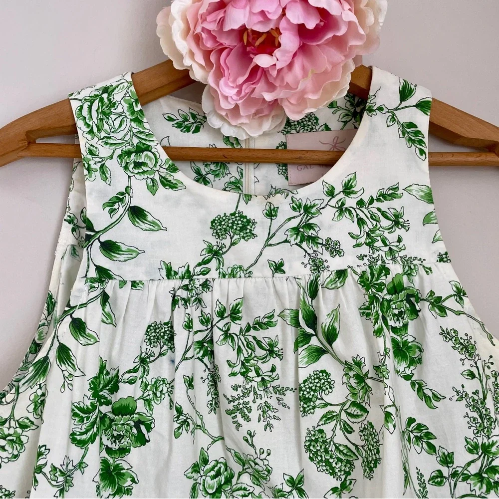 Gal Meets Glam Lisa Green White Toile Floral Tiered Mini Dress 4 - Picture 11 of 16